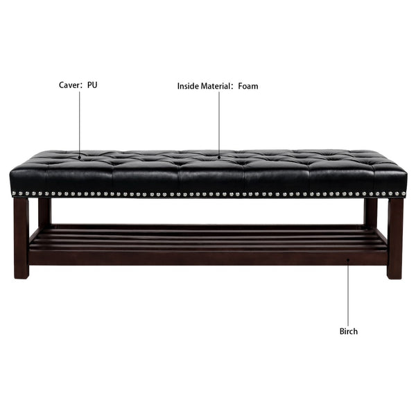 English Elm Wooden Frame Tufted Pu Leather Bench with Brass Nail Trim for Entryway or Bedroom W68053160