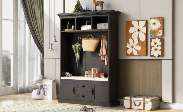 English Elm U-can Entryway Hall Tree with Crown Molding Beadboard Bench and Concealed Cabinet Storage Black JY000112AAB