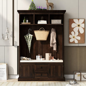 English Elm U-can Entryway Hall Tree with Crown Molding Beadboard Bench and Concealed Cabinet Storage Brown JY000112AAD
