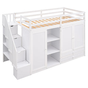 English Elm Functional Loft Bed with Built-In Storage Ladder, 2 Wardrobes, 3 Shelves & 2 Drawers, Twin Strength White GX000325AAK