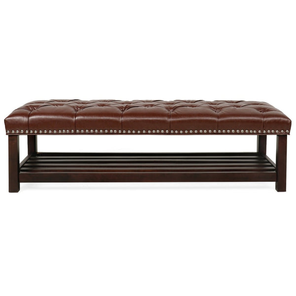 English Elm Bedroom Tufted Pu Leather Bench with Nailhead Trim Fits Queen or King Footboard W68053159
