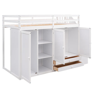 English Elm Functional Loft Bed with Built-In Storage Ladder, 2 Wardrobes, 3 Shelves & 2 Drawers, Twin Strength White GX000325AAK