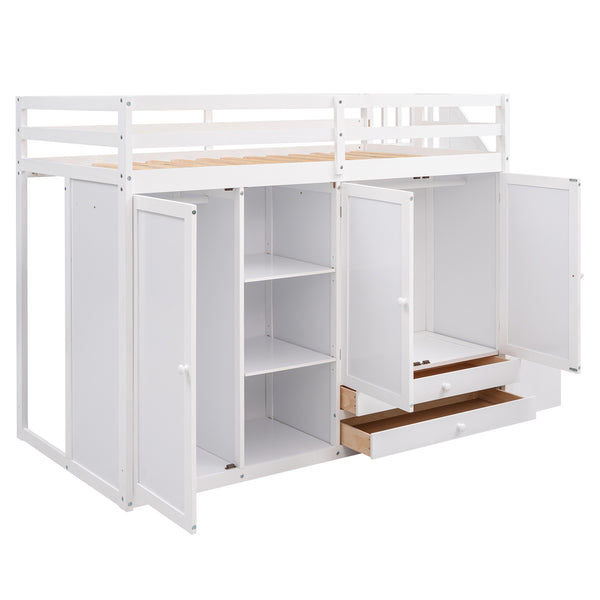 English Elm Functional Loft Bed with Built-In Storage Ladder, 2 Wardrobes, 3 Shelves & 2 Drawers, Twin Strength White GX000325AAK