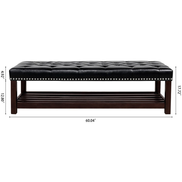 English Elm Wooden Frame Tufted Pu Leather Bench with Brass Nail Trim for Entryway or Bedroom W68053160