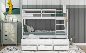 English Elm Twin Over Pine Bunk Bed with Pull-out Trundle and Three Storage Drawers SM000093AAK-1