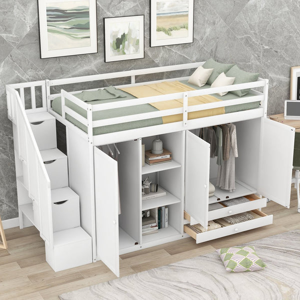 English Elm Functional Loft Bed with Built-In Storage Ladder, 2 Wardrobes, 3 Shelves & 2 Drawers, Twin Strength White GX000325AAK