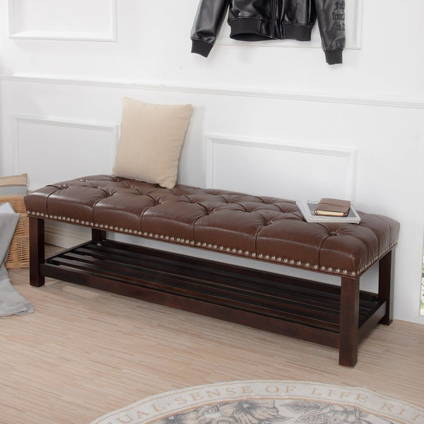 English Elm Bedroom Tufted Pu Leather Bench with Nailhead Trim Fits Queen or King Footboard W68053159