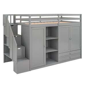English Elm Functional Loft Bed with Built-In Storage Ladder, 2 Wardrobes, 3 Shelves & 2 Drawers, Twin Strength Gray GX000325AAE