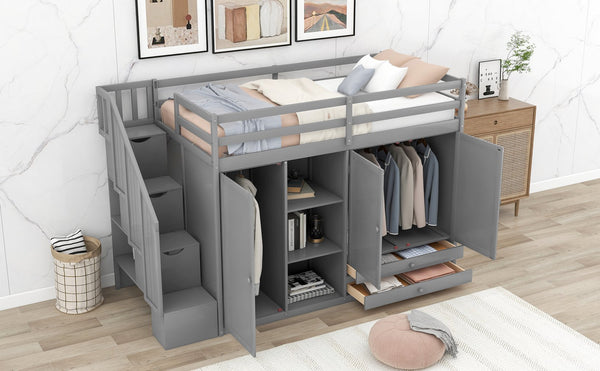 English Elm Functional Loft Bed with Built-In Storage Ladder, 2 Wardrobes, 3 Shelves & 2 Drawers, Twin Strength Gray GX000325AAE