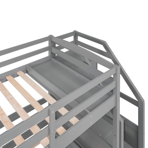 English Elm Twin Triple Bunk Bed With Storage Drawers, Staircase & Built-In Shelves - Space-Saving Gray Design GX000324AAE-1-GIGA