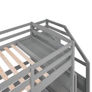 English Elm Twin Triple Bunk Bed With Storage Drawers, Shelving & Staircase - Stylish Gray Pine Design! GX000324AAE-GIGA