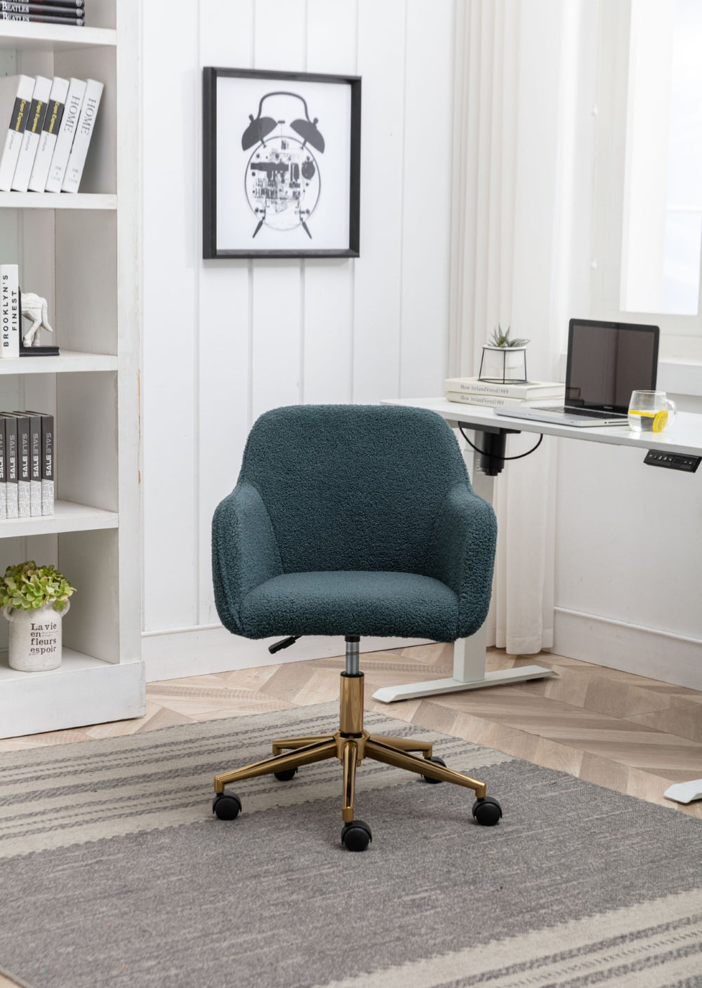 English Elm Modern Teddy Plush Swivel Chair Adjustable Height Gold Base for Home Office W52762363