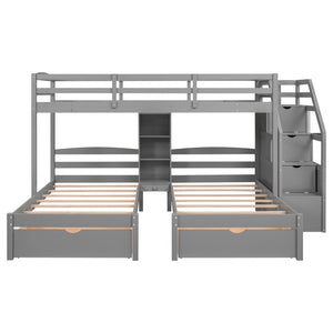 English Elm Twin Triple Bunk Bed With Storage Drawers, Shelving & Staircase - Stylish Gray Pine Design! GX000324AAE-GIGA