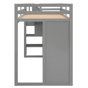 English Elm Functional Loft Bed with Built-In Storage Ladder, 2 Wardrobes, 3 Shelves & 2 Drawers, Twin Strength Gray GX000325AAE