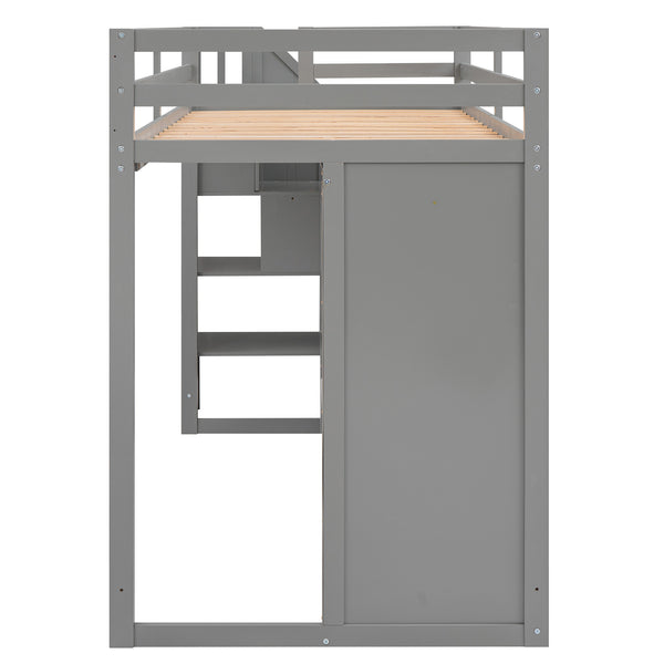 English Elm Functional Loft Bed with Built-In Storage Ladder, 2 Wardrobes, 3 Shelves & 2 Drawers, Twin Strength Gray GX000325AAE