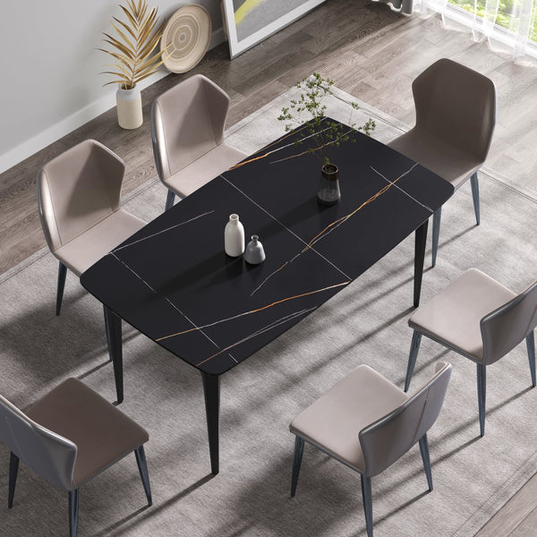 English Elm 63"Modern Sculptural Artificial Stone Dining Table With Black Curved Metal Legs For 6 People W1535S00156