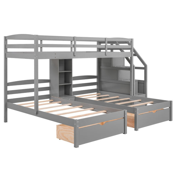 English Elm Twin Triple Bunk Bed With Storage Drawers, Staircase & Built-In Shelves - Space-Saving Gray Design GX000324AAE-1-GIGA