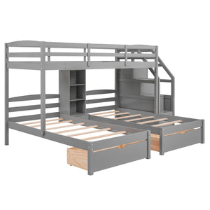 English Elm Twin Triple Bunk Bed With Storage Drawers, Shelving & Staircase - Stylish Gray Pine Design! GX000324AAE-GIGA