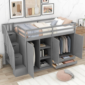 English Elm Functional Loft Bed with Built-In Storage Ladder, 2 Wardrobes, 3 Shelves & 2 Drawers, Twin Strength Gray GX000325AAE
