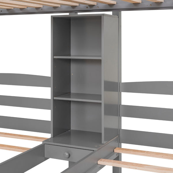 English Elm Twin Triple Bunk Bed With Storage Drawers, Shelving & Staircase - Stylish Gray Pine Design! GX000324AAE-GIGA