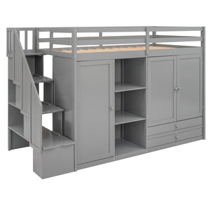 English Elm Functional Loft Bed with Built-In Storage Ladder, 2 Wardrobes, 3 Shelves & 2 Drawers, Twin Strength Gray GX000325AAE