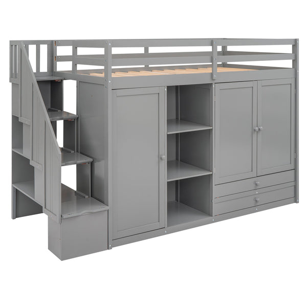 English Elm Functional Loft Bed with Built-In Storage Ladder, 2 Wardrobes, 3 Shelves & 2 Drawers, Twin Strength Gray GX000325AAE