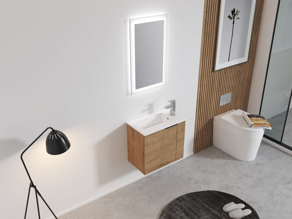 English Elm Bathroom Vanity Ceramic Sink 22" Floating Wall-Mount Vanity with Matte Black Handle and Soft Close Door Imitative Oak W99968770
