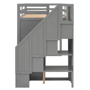 English Elm Functional Loft Bed with Built-In Storage Ladder, 2 Wardrobes, 3 Shelves & 2 Drawers, Twin Strength Gray GX000325AAE
