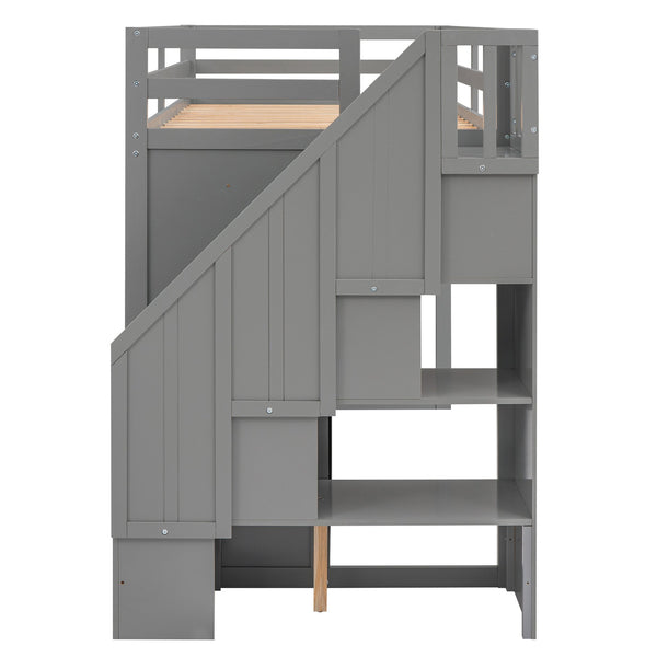 English Elm Functional Loft Bed with Built-In Storage Ladder, 2 Wardrobes, 3 Shelves & 2 Drawers, Twin Strength Gray GX000325AAE