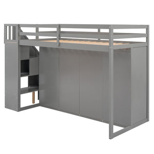 English Elm Functional Loft Bed with Built-In Storage Ladder, 2 Wardrobes, 3 Shelves & 2 Drawers, Twin Strength Gray GX000325AAE