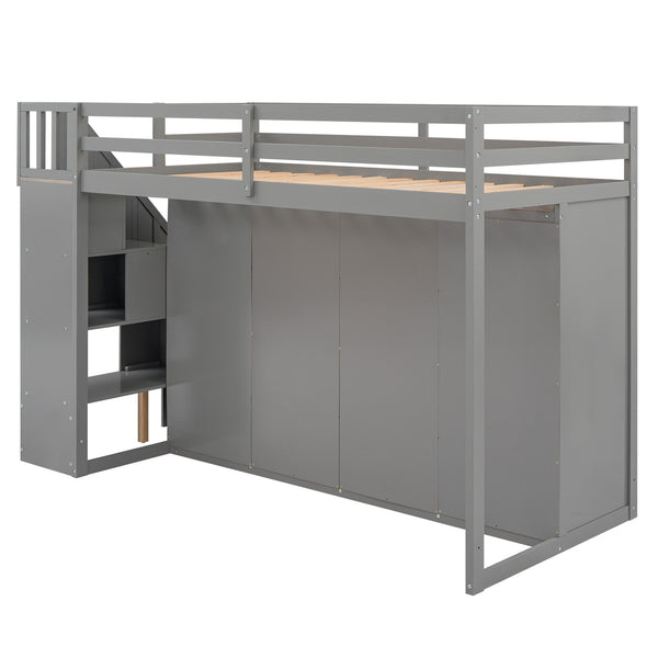 English Elm Functional Loft Bed with Built-In Storage Ladder, 2 Wardrobes, 3 Shelves & 2 Drawers, Twin Strength Gray GX000325AAE
