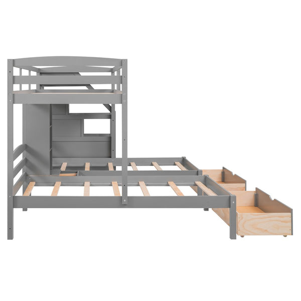 English Elm Twin Triple Bunk Bed With Storage Drawers, Staircase & Built-In Shelves - Space-Saving Gray Design GX000324AAE-1-GIGA