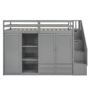 English Elm Functional Loft Bed with Built-In Storage Ladder, 2 Wardrobes, 3 Shelves & 2 Drawers, Twin Strength Gray GX000325AAE