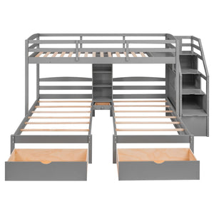 English Elm Twin Triple Bunk Bed With Storage Drawers, Shelving & Staircase - Stylish Gray Pine Design! GX000324AAE-GIGA