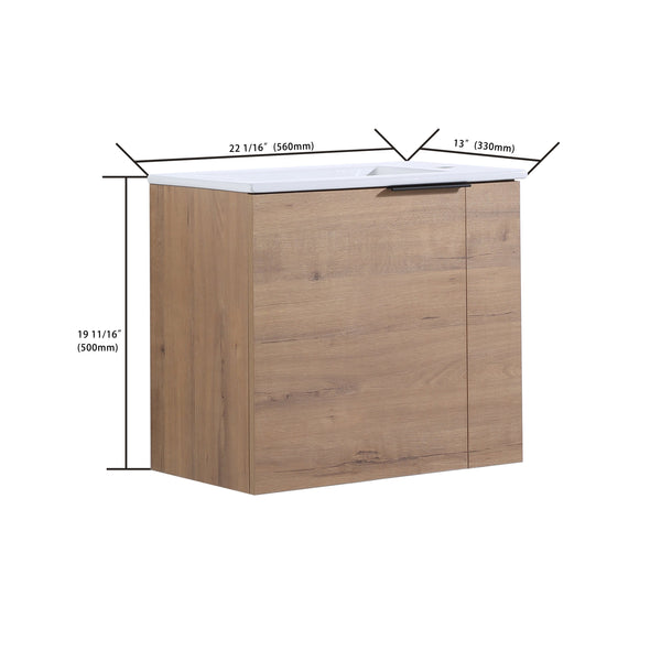 English Elm Bathroom Vanity Ceramic Sink 22" Floating Wall-Mount Vanity with Matte Black Handle and Soft Close Door Imitative Oak W99968770