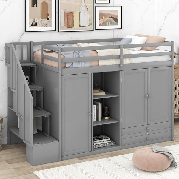 English Elm Functional Loft Bed with Built-In Storage Ladder, 2 Wardrobes, 3 Shelves & 2 Drawers, Twin Strength Gray GX000325AAE