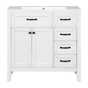 English Elm 36" Freestanding Bathroom Vanity Solid Rubberwood Cabinet with Ceramic Sink and Three Drawers White JL000007AAK-6