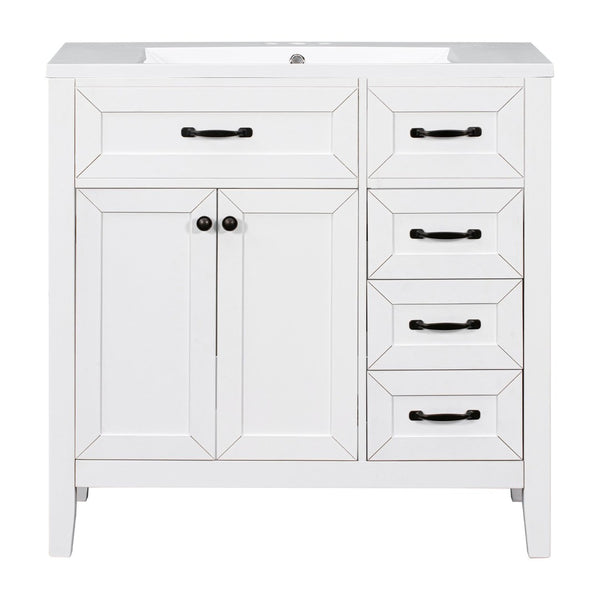 English Elm 36" Freestanding Bathroom Vanity Solid Rubberwood Cabinet with Ceramic Sink and Three Drawers White JL000007AAK-6