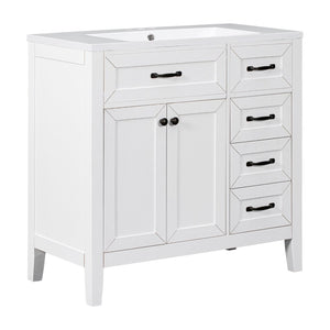 English Elm 36" Freestanding Bathroom Vanity Solid Rubberwood Cabinet with Ceramic Sink and Three Drawers White JL000007AAK-6