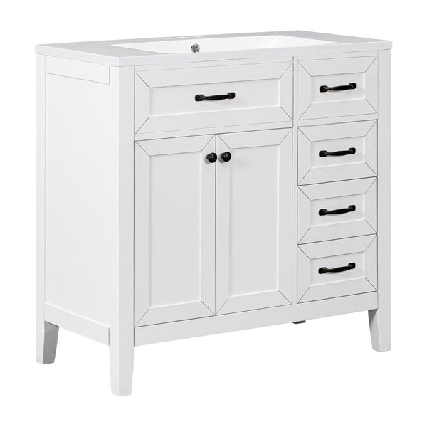 English Elm 36" Freestanding Bathroom Vanity Solid Rubberwood Cabinet with Ceramic Sink and Three Drawers White JL000007AAK-6