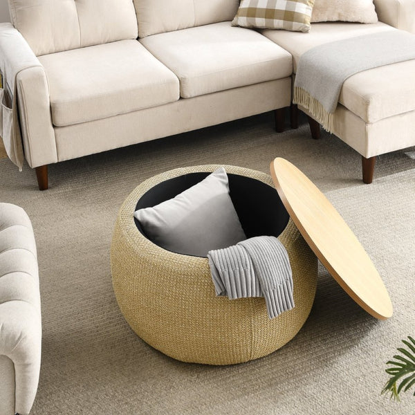 English Elm Round Woven Storage Ottoman with Removable Lid Eucalyptus Frame Footrest Side Table W48762888