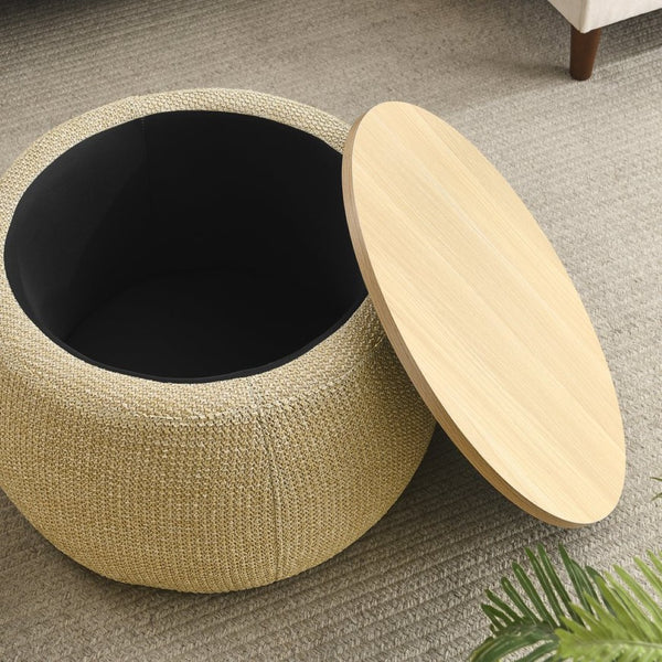 English Elm Round Woven Storage Ottoman with Removable Lid Eucalyptus Frame Footrest Side Table W48762888