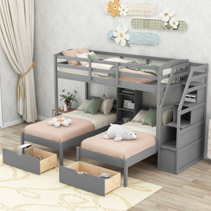 English Elm Twin Triple Bunk Bed With Storage Drawers, Staircase & Built-In Shelves - Space-Saving Gray Design GX000324AAE-1-GIGA