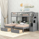 Hearth and Haven Twin over Two Twin Bunk Bed with Staircase and Storage Drawers, Grey GX000324AAE