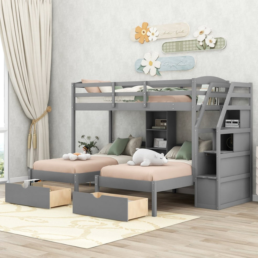 English Elm Twin Triple Bunk Bed With Storage Drawers, Shelving & Staircase - Stylish Gray Pine Design! GX000324AAE-GIGA