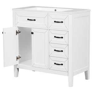 English Elm 36" Freestanding Bathroom Vanity Solid Rubberwood Cabinet with Ceramic Sink and Three Drawers White JL000007AAK-6