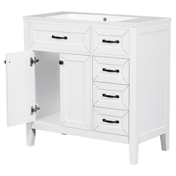English Elm 36" Freestanding Bathroom Vanity Solid Rubberwood Cabinet with Ceramic Sink and Three Drawers White JL000007AAK-6