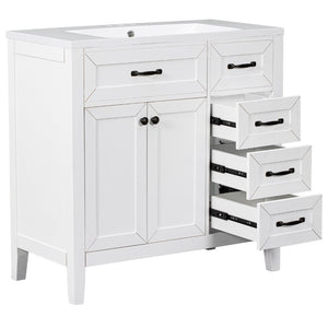 English Elm 36" Freestanding Bathroom Vanity Solid Rubberwood Cabinet with Ceramic Sink and Three Drawers White JL000007AAK-6