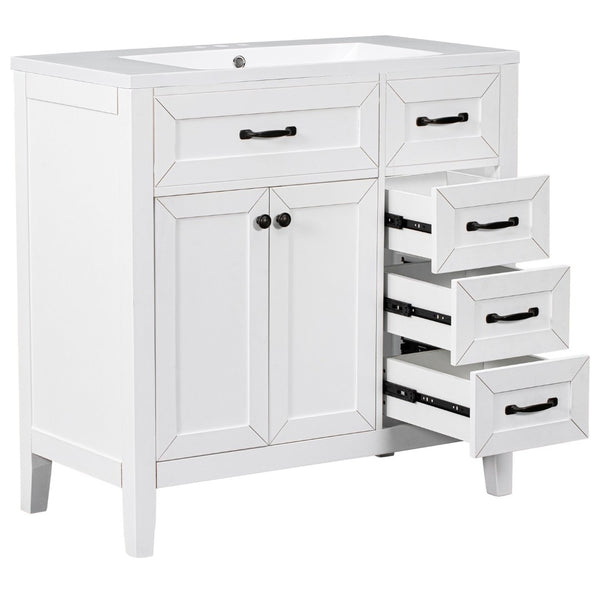English Elm 36" Freestanding Bathroom Vanity Solid Rubberwood Cabinet with Ceramic Sink and Three Drawers White JL000007AAK-6
