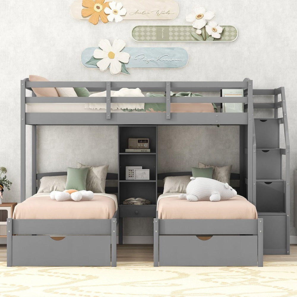 English Elm Twin Triple Bunk Bed With Storage Drawers, Staircase & Built-In Shelves - Space-Saving Gray Design GX000324AAE-1-GIGA